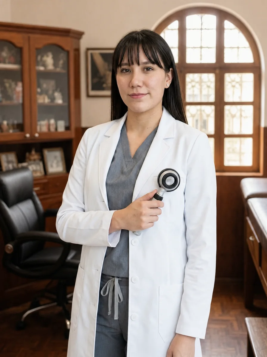Dra. Carolina Narváez con dermatoscopio