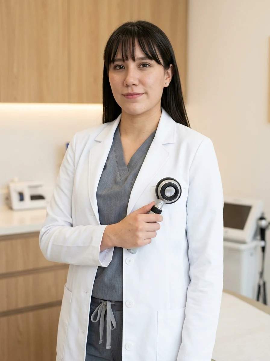 Dra. Carolina Narváez con mandil blanco y dermatoscopio