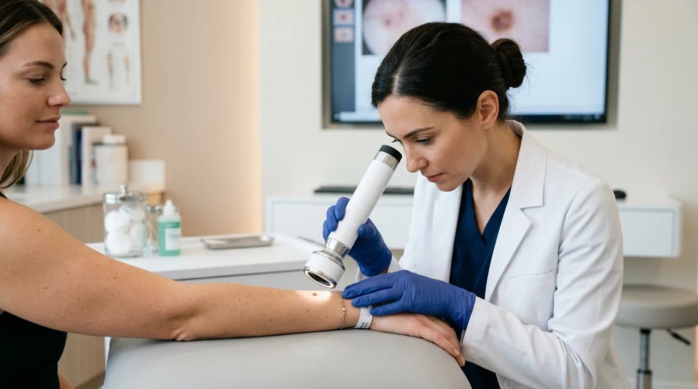 Evaluación dermatológica con dermatoscopio