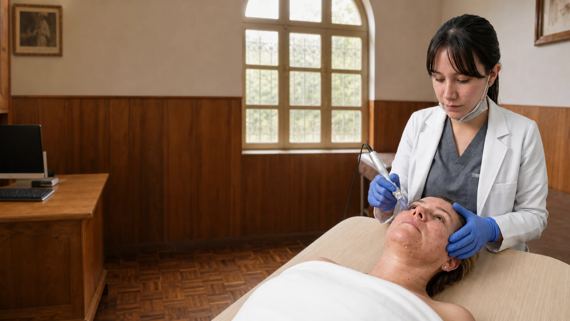 Dra. Carolina Narváez realizando un procedimiento facial en el consultorio Artemis