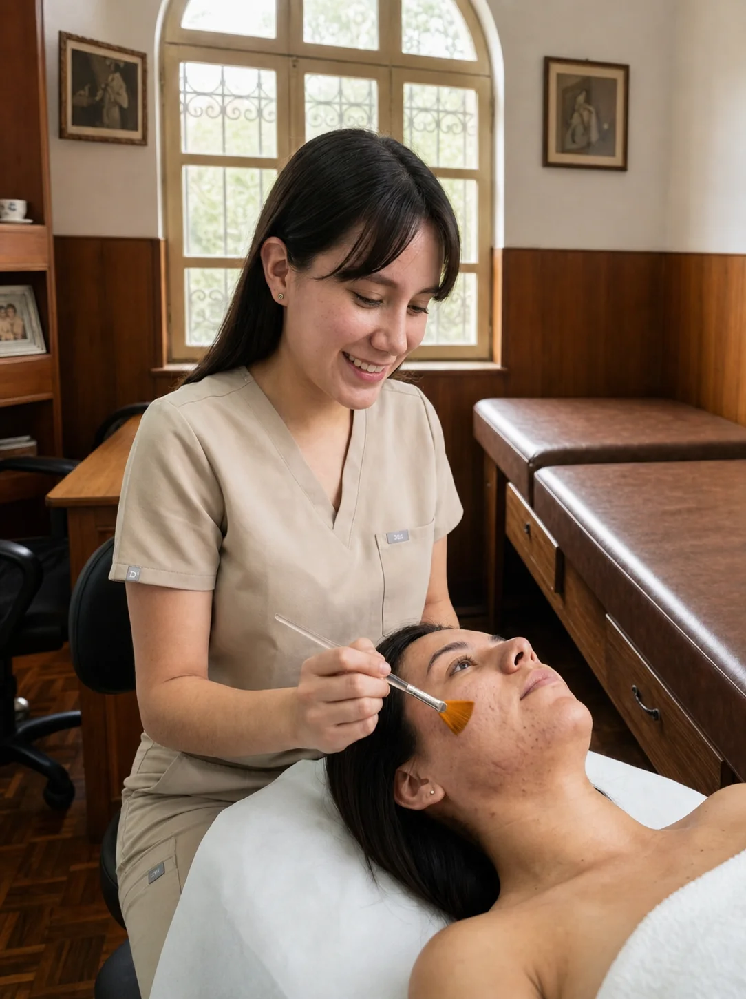 Dra. Carolina Narváez aplicando un peeling en el consultorio